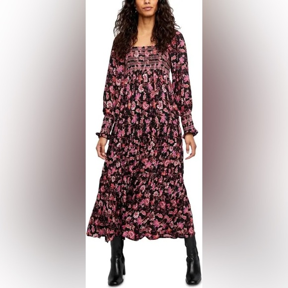 Free People Sweet Escape Floral Long Sleeve Boho Smocked Bodice Maxi Dress M - Picture 8 of 10